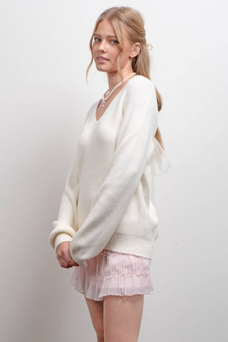 V Neck Drop Shoulder Back Bow Tie Detail Sweater: Cream-Tops-Blu Pepper-Statement Wear Fashion Boutique, Women's Fashion and Accessories located in O'Fallon, MO