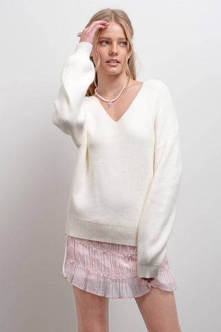V Neck Drop Shoulder Back Bow Tie Detail Sweater: Cream-Tops-Blu Pepper-Statement Wear Fashion Boutique, Women's Fashion and Accessories located in O'Fallon, MO