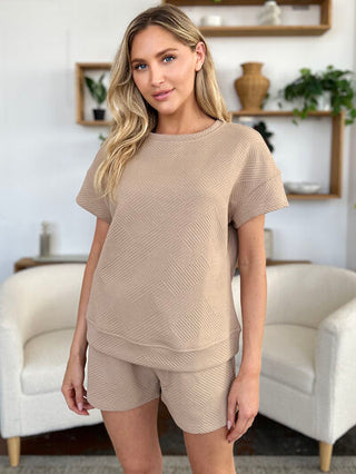 Double Take Texture Short Sleeve T-Shirt and Drawstring Shorts Set-Sets-Trendsi-Statement Wear Fashion Boutique, Women's Fashion and Accessories located in O'Fallon, MO