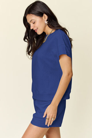 Double Take Texture Short Sleeve T-Shirt and Drawstring Shorts Set-Sets-Trendsi-Statement Wear Fashion Boutique, Women's Fashion and Accessories located in O'Fallon, MO