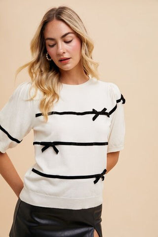Annie Wear Striped Bow Round Neck Knit Top-Tops-Trendsi-Statement Wear Fashion Boutique, Women's Fashion and Accessories located in O'Fallon, MO