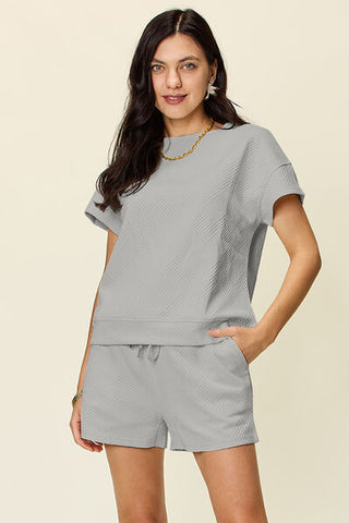Double Take Texture Short Sleeve T-Shirt and Drawstring Shorts Set-Sets-Trendsi-Statement Wear Fashion Boutique, Women's Fashion and Accessories located in O'Fallon, MO
