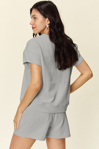 Double Take Texture Short Sleeve T-Shirt and Drawstring Shorts Set-Sets-Trendsi-Statement Wear Fashion Boutique, Women's Fashion and Accessories located in O'Fallon, MO