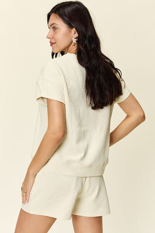 Double Take Texture Short Sleeve T-Shirt and Drawstring Shorts Set-Sets-Trendsi-Statement Wear Fashion Boutique, Women's Fashion and Accessories located in O'Fallon, MO