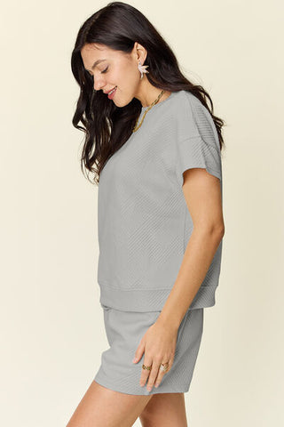 Double Take Texture Short Sleeve T-Shirt and Drawstring Shorts Set-Sets-Trendsi-Statement Wear Fashion Boutique, Women's Fashion and Accessories located in O'Fallon, MO