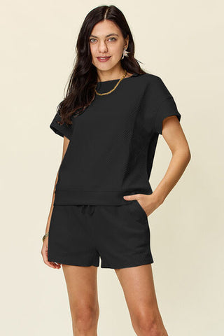 Double Take Texture Short Sleeve T-Shirt and Drawstring Shorts Set-Sets-Trendsi-Statement Wear Fashion Boutique, Women's Fashion and Accessories located in O'Fallon, MO