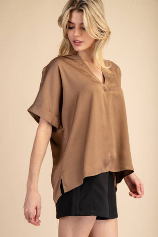 V-Neck Side Slit Top-Tops-Glam-Statement Wear Fashion Boutique, Women's Fashion and Accessories located in O'Fallon, MO