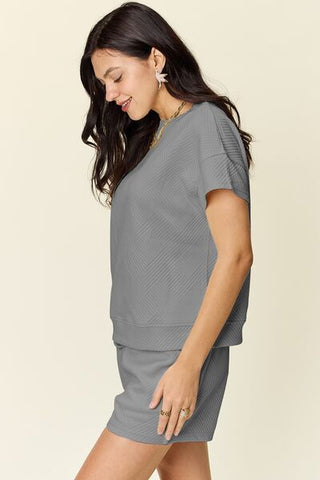 Double Take Texture Short Sleeve T-Shirt and Drawstring Shorts Set-Sets-Trendsi-Statement Wear Fashion Boutique, Women's Fashion and Accessories located in O'Fallon, MO