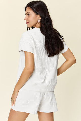 Double Take Texture Short Sleeve T-Shirt and Drawstring Shorts Set-Sets-Trendsi-Statement Wear Fashion Boutique, Women's Fashion and Accessories located in O'Fallon, MO