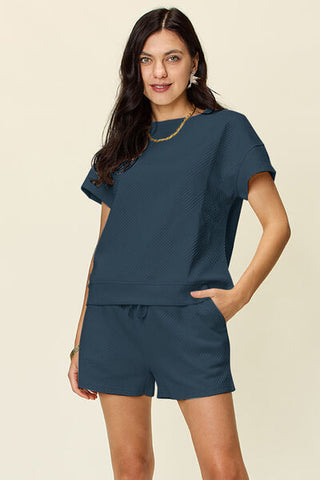 Double Take Texture Short Sleeve T-Shirt and Drawstring Shorts Set-Sets-Trendsi-Statement Wear Fashion Boutique, Women's Fashion and Accessories located in O'Fallon, MO