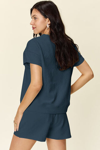 Double Take Texture Short Sleeve T-Shirt and Drawstring Shorts Set-Sets-Trendsi-Statement Wear Fashion Boutique, Women's Fashion and Accessories located in O'Fallon, MO