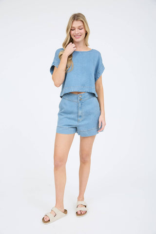 HIGH WAIST CHAMBRAY MINI SHORTS-Bottoms-Blu Pepper-Statement Wear Fashion Boutique, Women's Fashion and Accessories located in O'Fallon, MO