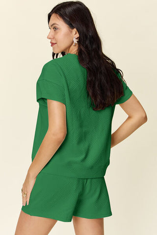 Double Take Texture Short Sleeve T-Shirt and Drawstring Shorts Set-Sets-Trendsi-Statement Wear Fashion Boutique, Women's Fashion and Accessories located in O'Fallon, MO