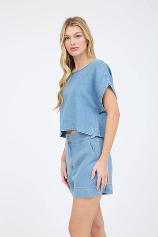 CHAMBRAY BOAT NECK BATWING SHORT SLEEVE SHIRT-Tops-Blu Pepper-Statement Wear Fashion Boutique, Women's Fashion and Accessories located in O'Fallon, MO