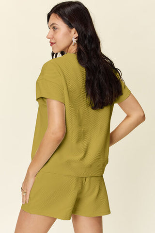 Double Take Texture Short Sleeve T-Shirt and Drawstring Shorts Set-Sets-Trendsi-Statement Wear Fashion Boutique, Women's Fashion and Accessories located in O'Fallon, MO