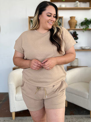 Double Take Texture Short Sleeve T-Shirt and Drawstring Shorts Set-Sets-Trendsi-Statement Wear Fashion Boutique, Women's Fashion and Accessories located in O'Fallon, MO