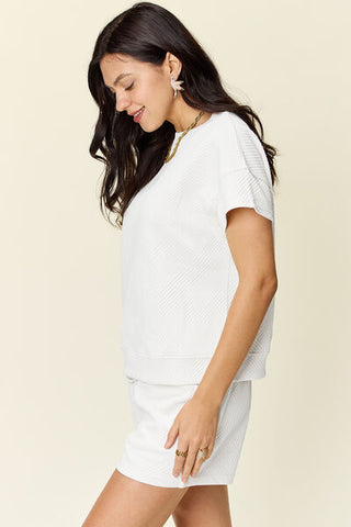 Double Take Texture Short Sleeve T-Shirt and Drawstring Shorts Set-Sets-Trendsi-Statement Wear Fashion Boutique, Women's Fashion and Accessories located in O'Fallon, MO