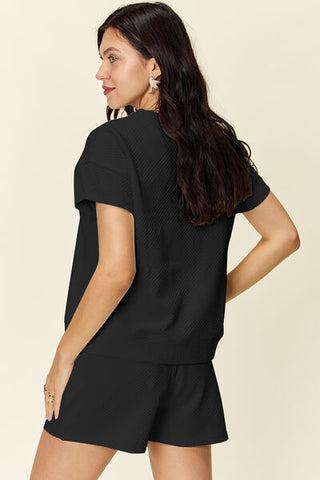 Double Take Texture Short Sleeve T-Shirt and Drawstring Shorts Set-Sets-Trendsi-Statement Wear Fashion Boutique, Women's Fashion and Accessories located in O'Fallon, MO