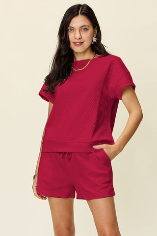 Double Take Texture Short Sleeve T-Shirt and Drawstring Shorts Set-Sets-Trendsi-Statement Wear Fashion Boutique, Women's Fashion and Accessories located in O'Fallon, MO