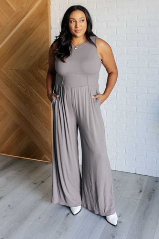 Hilary Wide Leg Jumpsuit in Grey-Jumpsuits & Rompers-Ave Shops-Statement Wear Fashion Boutique, Women's Fashion and Accessories located in O'Fallon, MO