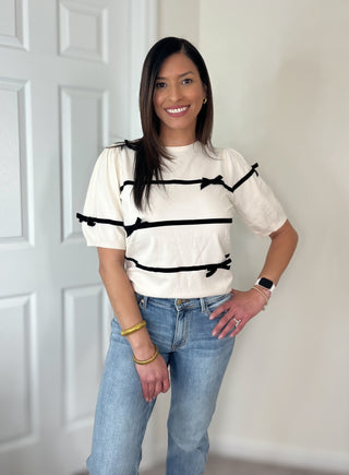 Annie Wear Striped Bow Round Neck Knit Top-Tops-Trendsi-Statement Wear Fashion Boutique, Women's Fashion and Accessories located in O'Fallon, MO