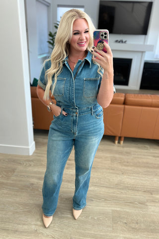 Sylvia Short Sleeve Denim Jumpsuit-Jumpsuits & Rompers-Ave Shops-Statement Wear Fashion Boutique, Women's Fashion and Accessories located in O'Fallon, MO