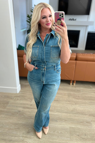 Sylvia Short Sleeve Denim Jumpsuit-Jumpsuits & Rompers-Ave Shops-Statement Wear Fashion Boutique, Women's Fashion and Accessories located in O'Fallon, MO