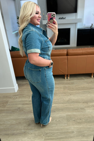 Sylvia Short Sleeve Denim Jumpsuit-Jumpsuits & Rompers-Ave Shops-Statement Wear Fashion Boutique, Women's Fashion and Accessories located in O'Fallon, MO