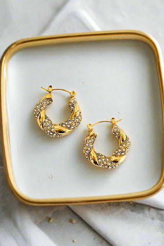 Natural Elements Gold Pave Twisted Hoop Earrings-Earrings-Nash Grey-Statement Wear Fashion Boutique, Women's Fashion and Accessories located in O'Fallon, MO