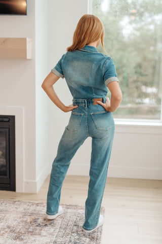 Sylvia Short Sleeve Denim Jumpsuit-Jumpsuits & Rompers-Ave Shops-Statement Wear Fashion Boutique, Women's Fashion and Accessories located in O'Fallon, MO