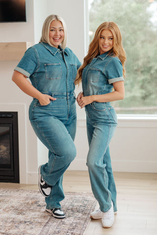 Sylvia Short Sleeve Denim Jumpsuit-Jumpsuits & Rompers-Ave Shops-Statement Wear Fashion Boutique, Women's Fashion and Accessories located in O'Fallon, MO