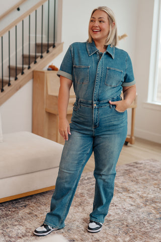 Sylvia Short Sleeve Denim Jumpsuit-Jumpsuits & Rompers-Ave Shops-Statement Wear Fashion Boutique, Women's Fashion and Accessories located in O'Fallon, MO