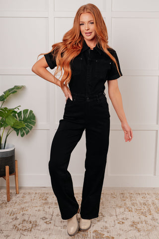 Tilda Short Sleeve Control Top Denim Jumpsuit-Jumpsuits & Rompers-Ave Shops-Statement Wear Fashion Boutique, Women's Fashion and Accessories located in O'Fallon, MO