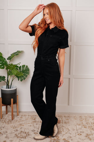 Tilda Short Sleeve Control Top Denim Jumpsuit-Jumpsuits & Rompers-Ave Shops-Statement Wear Fashion Boutique, Women's Fashion and Accessories located in O'Fallon, MO