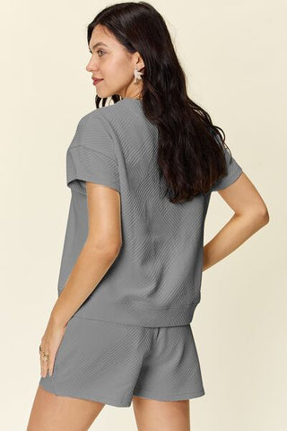 Double Take Texture Short Sleeve T-Shirt and Drawstring Shorts Set-Sets-Trendsi-Statement Wear Fashion Boutique, Women's Fashion and Accessories located in O'Fallon, MO