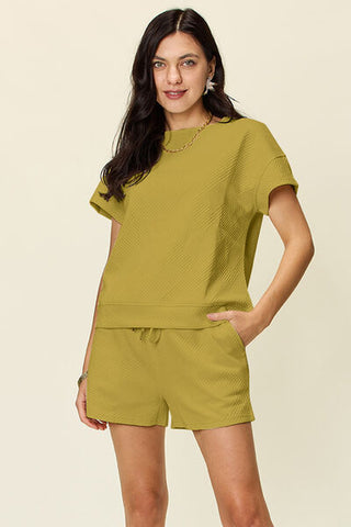 Double Take Texture Short Sleeve T-Shirt and Drawstring Shorts Set-Sets-Trendsi-Statement Wear Fashion Boutique, Women's Fashion and Accessories located in O'Fallon, MO