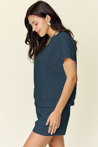 Double Take Texture Short Sleeve T-Shirt and Drawstring Shorts Set-Sets-Trendsi-Statement Wear Fashion Boutique, Women's Fashion and Accessories located in O'Fallon, MO