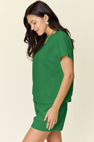 Double Take Texture Short Sleeve T-Shirt and Drawstring Shorts Set-Sets-Trendsi-Statement Wear Fashion Boutique, Women's Fashion and Accessories located in O'Fallon, MO