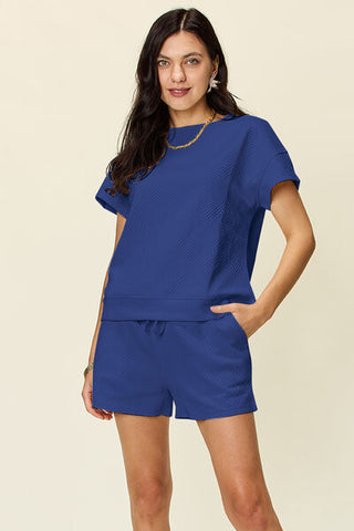 Double Take Texture Short Sleeve T-Shirt and Drawstring Shorts Set-Sets-Trendsi-Statement Wear Fashion Boutique, Women's Fashion and Accessories located in O'Fallon, MO