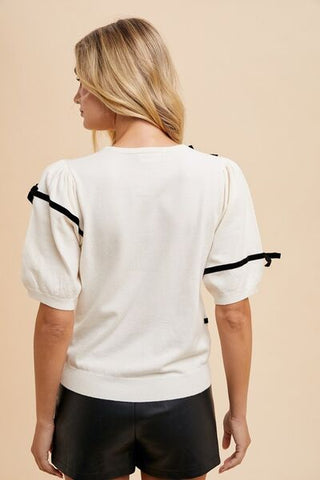 Annie Wear Striped Bow Round Neck Knit Top-Tops-Trendsi-Statement Wear Fashion Boutique, Women's Fashion and Accessories located in O'Fallon, MO