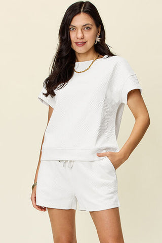 Double Take Texture Short Sleeve T-Shirt and Drawstring Shorts Set-Sets-Trendsi-Statement Wear Fashion Boutique, Women's Fashion and Accessories located in O'Fallon, MO