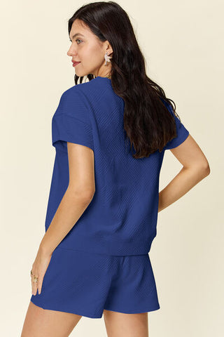 Double Take Texture Short Sleeve T-Shirt and Drawstring Shorts Set-Sets-Trendsi-Statement Wear Fashion Boutique, Women's Fashion and Accessories located in O'Fallon, MO