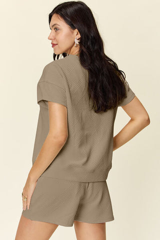 Double Take Texture Short Sleeve T-Shirt and Drawstring Shorts Set-Sets-Trendsi-Statement Wear Fashion Boutique, Women's Fashion and Accessories located in O'Fallon, MO