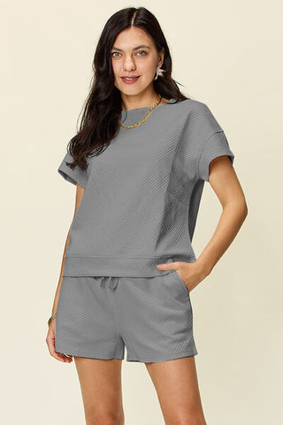 Double Take Texture Short Sleeve T-Shirt and Drawstring Shorts Set-Sets-Trendsi-Statement Wear Fashion Boutique, Women's Fashion and Accessories located in O'Fallon, MO