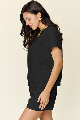Double Take Texture Short Sleeve T-Shirt and Drawstring Shorts Set-Sets-Trendsi-Statement Wear Fashion Boutique, Women's Fashion and Accessories located in O'Fallon, MO